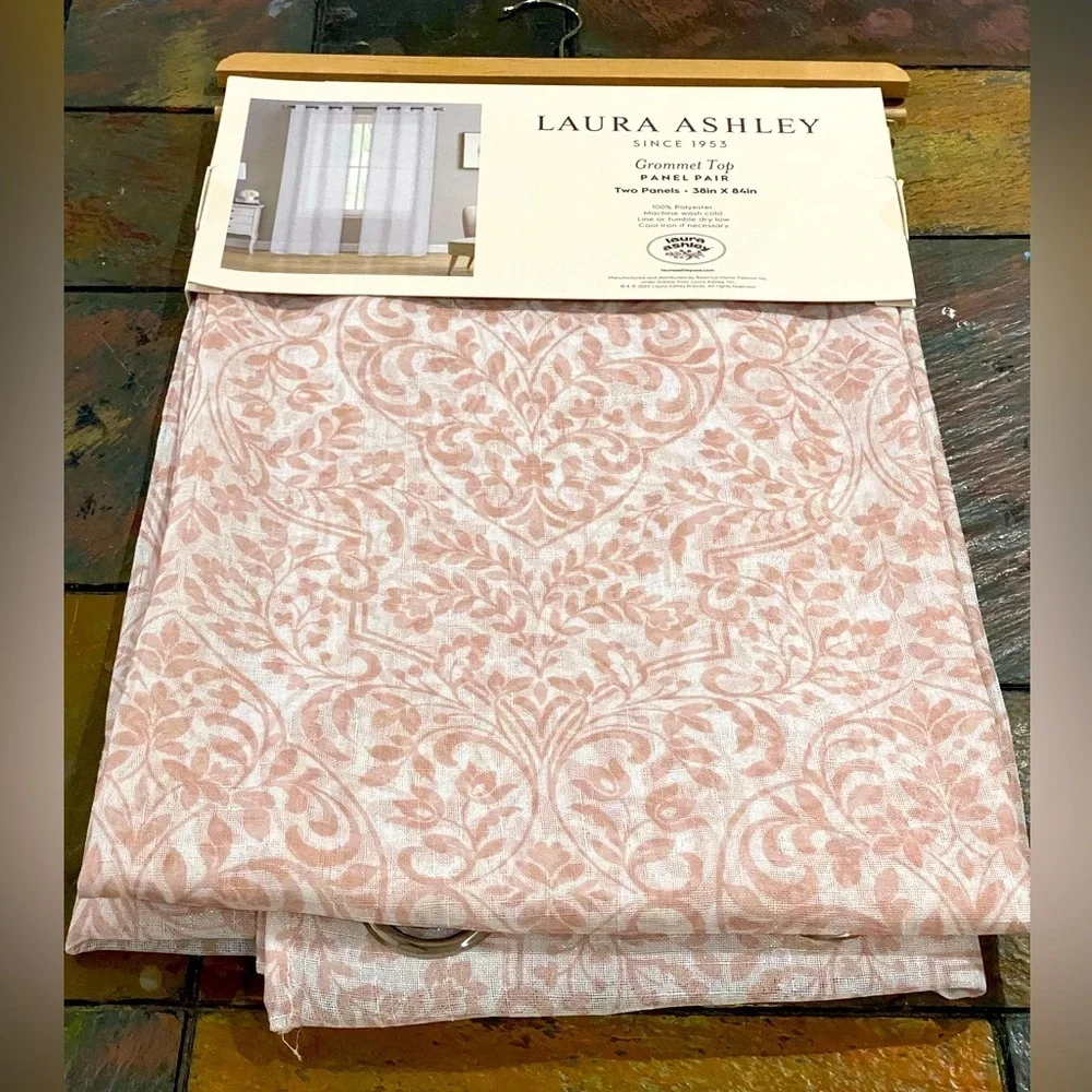 Laura Ashley Grommet Top Taupe White Floral Sheer Curtain Panel Pair 38